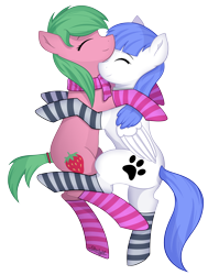 Size: 5000x6598 | Tagged: safe, alternate version, artist:starlight, imported from derpibooru, oc, oc only, oc:pine berry, oc:snow pup, earth pony, pegasus, pony, clothes, collar, cuddling, eyes closed, folded wings, nuzzling, scarf, simple background, socks, striped socks, transparent background, wings