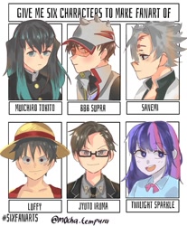 Size: 1039x1253 | Tagged: safe, imported from derpibooru, twilight sparkle, human, six fanarts, equestria girls, :d, boboiboy, bust, clothes, crossover, female, glasses, hst, hypnosis mic, kimetsu no yaiba, male, monkey d luffy, monkey d. luffy, necktie, one piece, open mouth, smiling, visor