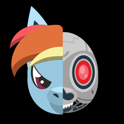 Size: 9000x9000 | Tagged: safe, artist:samoht-lion, imported from derpibooru, rainbow dash, pony, absurd resolution, black background, bust, female, portrait, simple background, solo, split screen, t-800, terminator, two sided posters