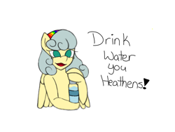 Size: 2048x1536 | Tagged: safe, artist:mintymelody, imported from derpibooru, oc, oc only, oc:rainbow ribbon, pegasus, semi-anthro, dialogue, simple background, solo, water bottle, white background