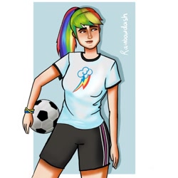 Size: 1064x1064 | Tagged: safe, alternate version, artist:jacks_art_zone, imported from derpibooru, rainbow dash, human, clothes, cutie mark, cutie mark on clothes, female, football, humanized, multicolored hair, ponytail, rainbow hair, shirt, shorts, sports, sports shorts, t-shirt, tomboy