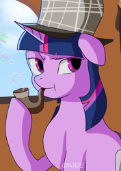 Size: 2480x3508 | Tagged: safe, artist:nire, imported from derpibooru, twilight sparkle, pony, unicorn, mmmystery on the friendship express, bubble pipe, deerstalker, detective, female, hat, mare, pipe, sherlock holmes, sherlock sparkle, solo, unicorn twilight