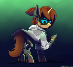 Size: 1079x996 | Tagged: safe, artist:buckweiser, imported from derpibooru, oc, oc only, oc:raven quill, cyborg, pony, unicorn, cybernetic pony, cyberpunk, male, solo, stallion