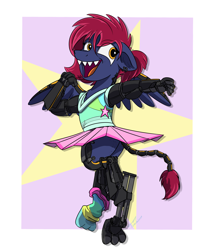 Size: 1280x1496 | Tagged: safe, artist:buckweiser, imported from derpibooru, oc, oc only, oc:jovin sharpsight, cyborg, sphinx, clothes, crossdressing, cybernetic eyes, dress, male, sierra nevada, silly, solo, species swap, sphinxified