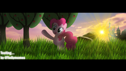 Size: 1920x1080 | Tagged: safe, artist:twilymemes, edit, imported from derpibooru, pinkie pie, earth pony, pony, apple, apple tree, brony, canterlot, cute, female, grass, ponyville, solo, tree