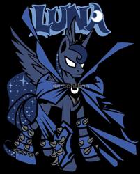 Size: 1112x1380 | Tagged: safe, artist:samoht-lion, imported from derpibooru, princess luna, alicorn, pony, black background, cape, clothes, crossover, female, luna spawn, mare, needs more jpeg, simple background, solo, spawn, spiked bracers, spikes, watermark, white eyes