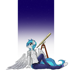 Size: 1500x1500 | Tagged: safe, artist:mirapony, imported from derpibooru, oc, oc only, anthro, pegasus, unguligrade anthro, clothes, digital art, looking away, male, pants, pegasus oc, shirt, simple background, solo, spread wings, telescope, wings