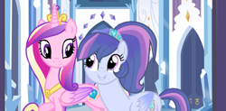 Size: 1391x682 | Tagged: safe, artist:stellamoonshine, artist:stellamoonshineyt, imported from derpibooru, princess cadance, oc, oc:christia armor, pegasus, pony, female, mare, offspring, parent:princess cadance, parent:shining armor, parents:shiningcadance