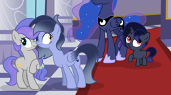 Size: 1868x1040 | Tagged: safe, artist:stellamoonshine, artist:stellamoonshineyt, imported from derpibooru, princess luna, oc, oc:luminous moon, oc:nebula spiral, oc:stella moonshine, pegasus, pony, unicorn, 5-year-old, base used, female, half-siblings, mare, offspring, parent:king sombra, parent:princess luna, parent:stygian, parents:lumbra, parents:styuna