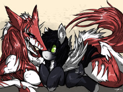 Size: 1070x800 | Tagged: safe, artist:mirapony, imported from derpibooru, oc, oc only, bat pony, pony, sergal, :>, bat pony oc, bat wings, cuddling, digital art, ear fluff, eye contact, female, fluffy, furry, furry oc, hoof fluff, leg fluff, lidded eyes, looking at each other, lying down, male, nervous, prone, shrunken pupils, smiling, stallion, unshorn fetlocks, wide eyes, wings