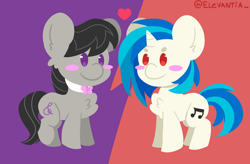 Size: 1280x840 | Tagged: safe, artist:elevantia, imported from derpibooru, dj pon-3, octavia melody, vinyl scratch, earth pony, pony, unicorn, blush sticker, blushing, chest fluff, chibi, cute, dot eyes, ear fluff, female, heart, lesbian, lineless, looking at each other, mare, raised leg, scratchtavia, shipping, smiling, split screen, standing, tavibetes, vinylbetes