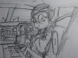 Size: 680x505 | Tagged: safe, artist:buckweiser, imported from derpibooru, fluttershy, pony, b-2 spirit, clothes, cockpit, female, fighter pilot, flight suit, pilot, sketch, smiling, solo, stealth bomber, traditional art