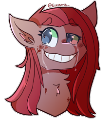 Size: 1900x2100 | Tagged: safe, artist:elevantia, imported from derpibooru, pinkie pie, earth pony, pony, blood, bust, crying, eyebrows, eyebrows visible through hair, female, mare, messy mane, pinkamena diane pie, portrait, shrunken pupils, simple background, smiling, solo, transparent background