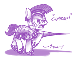 Size: 4000x3000 | Tagged: safe, artist:buckweiser, imported from derpibooru, pony, armor, charging, high res, jousting, male, monochrome, open mouth, raised hoof, random pony, royal guard, sketch, solo