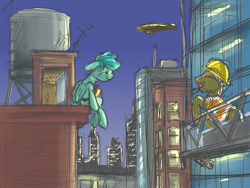 Size: 4000x3000 | Tagged: safe, artist:buckweiser, imported from derpibooru, pegasus, pony, airship, city, cityscape, construction pony, happy, looking at each other, random oc, sketch, talking, water tower, zeppelin