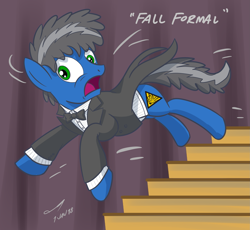 Size: 2343x2160 | Tagged: safe, artist:buckweiser, imported from derpibooru, oc, oc only, oc:buckminster, pony, clothes, fall formal, falling, pun, solo, stairs, tuxedo