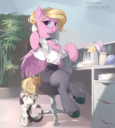 Size: 3150x3500 | Tagged: safe, artist:dreamweaverpony, imported from derpibooru, oc, oc:miss karen, cat, pegasus, pony, blouse, calico, chest fluff, clothes, female, glasses, hair bun, high heels, jewelry, kitten, mane bun, mare, necklace, phone, receptionist, secretary, shoes, skirt, stockings, tail bun, telephone, thigh highs