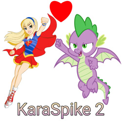 Size: 800x800 | Tagged: safe, imported from derpibooru, spike, dragon, human, cape, clothes, crossover, crossover shipping, flying, heart, karaspike, shipping, simple background, spikexsupergirl, supergirl, vector, white background, winged spike, wings