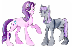 Size: 1280x840 | Tagged: safe, artist:sugarwhiskerzartz, imported from derpibooru, maud pie, starlight glimmer, earth pony, pony, unicorn, duo, female, simple background, white background