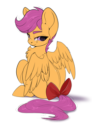 Size: 2248x3000 | Tagged: safe, artist:skitsniga, artist:skitsroom, imported from derpibooru, scootaloo, pegasus, pony, bow, cute, cutealoo, female, filly, lidded eyes, looking back, mare, sitting, smiling, solo, tail bow