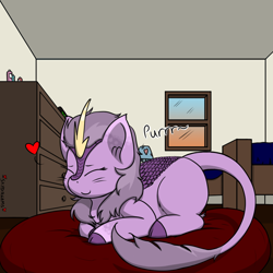 Size: 1000x1000 | Tagged: safe, artist:skydreams, imported from derpibooru, oc, oc:nebula eclipse, kirin, bed, behaving like a cat, bottle, commission, cushion, cute, dresser, eyes closed, female, heart, kirin oc, kirinbetes, lamp, mare, perspective, ponyloaf, purring, ych result