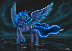 Size: 3508x2480 | Tagged: safe, artist:artifex670, imported from derpibooru, princess luna, alicorn, pony, dark background, female, mare, night, one hoof raised, raised hoof, scenery, solo