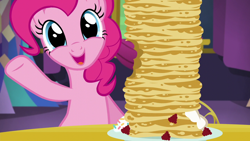 Size: 1280x720 | Tagged: safe, imported from derpibooru, screencap, pinkie pie, earth pony, pony, castle sweet castle, female, food, looking at you, mare, pancakes