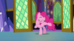 Size: 1280x720 | Tagged: safe, imported from derpibooru, screencap, pinkie pie, earth pony, pony, castle sweet castle, female, mare, raised hoof, solo, twilight's castle