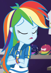 Size: 725x1035 | Tagged: safe, imported from derpibooru, screencap, rainbow dash, equestria girls, equestria girls series, holidays unwrapped, spoiler:eqg series (season 2), canterlot, clothes, cloud, cropped, crossed arms, cute, dashabetes, dashing through the mall, eyes closed, female, geode of super speed, hoodie, jacket, jewelry, magical geodes, merchandise, multicolored hair, necklace, pants, rainbow, rainbow hair, raised eyebrow, shirt, short sleeves, store, t-shirt, thunderbolt, wristband