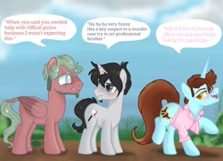 Size: 1920x1388 | Tagged: safe, artist:nightingalewolfie, imported from derpibooru, oc, oc only, oc:minty hooves, oc:tim, oc:zander, pegasus, pony, unicorn, male, run-on sentence, speech bubble, stallion