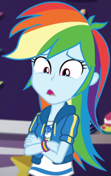 Size: 655x1035 | Tagged: safe, imported from derpibooru, screencap, rainbow dash, equestria girls, equestria girls series, holidays unwrapped, spoiler:eqg series (season 2), canterlot mall, clothes, cloud, cropped, crossed arms, dashing through the mall, female, geode of super speed, hoodie, jacket, jewelry, looking down, magical geodes, merchandise, multicolored hair, necklace, pants, rainbow, rainbow hair, shirt, short sleeves, store, t-shirt, thunderbolt, wristband