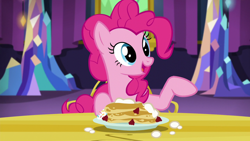 Size: 1280x720 | Tagged: safe, imported from derpibooru, screencap, pinkie pie, earth pony, pony, castle sweet castle, female, food, mare, pancakes, solo