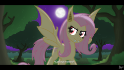 Size: 1920x1080 | Tagged: safe, artist:whitequartztheartist, imported from derpibooru, fluttershy, bat pony, pony, bat ponified, caption, descriptive noise, everfree forest, female, flutterbat, forest, mare, night, race swap, solo, tree