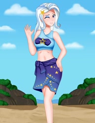 Size: 790x1024 | Tagged: safe, alternate version, artist:focusb, edit, editor:thomasfan45, imported from derpibooru, trixie, human, equestria girls, barrette, beach, belly button, bikini, bikini top, breasts, busty trixie, clothes, cute, eyeshadow, female, hand on hip, legs, looking at you, makeup, midriff, ocean, one eye closed, outdoors, rock, sand, sarong, sexy, smiling, solo, swimsuit, waving, wink, winking at you