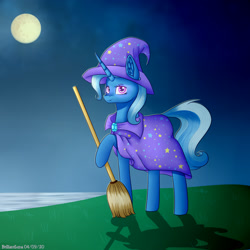 Size: 2000x2000 | Tagged: safe, artist:brilliant-luna, imported from derpibooru, trixie, pony, unicorn, broom, cape, clothes, ear fluff, female, full moon, hat, moon, night, raised hoof, river, solo