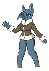 Size: 1336x1920 | Tagged: safe, artist:sneetymist, imported from derpibooru, oc, oc only, oc:illye, anthro, changedling, changeling, unguligrade anthro, bipedal, bomber jacket, breasts, clothes, female, jacket, panties, parka, pink underwear, solo, stressed, underwear, waving