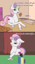 Size: 1000x1800 | Tagged: safe, artist:aterhut, imported from derpibooru, sweetie belle, pony, unicorn, 2 panel comic, blackjack, comic, cutie mark, eating, female, food, gambling, glowing horn, horn, muffin, pizza box, playing card, poker chips, solo, technically correct, the cmc's cutie marks