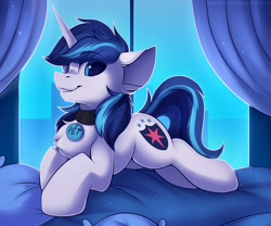 Size: 1500x1250 | Tagged: safe, artist:shadowreindeer, imported from derpibooru, shining armor, pony, unicorn, bed, chest fluff, collar, cute, eye clipping through hair, looking at you, lying down, male, pet tag, pony pet, prone, shining adorable, smiling, solo, stallion