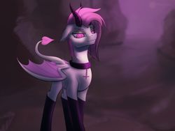 Size: 1920x1440 | Tagged: safe, artist:aterhut, imported from derpibooru, fluttershy, demon, demon pony, original species, pony, bat wings, choker, clothes, demon tail, devil tail, female, horns, inverted cross, race swap, socks, solo, wings