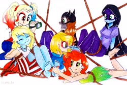 Size: 3299x2210 | Tagged: safe, artist:liaaqila, imported from derpibooru, oc, oc only, oc:barbat gordon, oc:har-harley queen, oc:kara krypta, oc:nite-wing, oc:poison ivy (ice1517), oc:poison joke (ice1517), icey-verse, equestria girls, barefoot, bondage, camera, cape, clothes, commission, dress, ear piercing, earring, equestria girls-ified, eyes closed, eyeshadow, family, feather, feet, female, fetish, foot fetish, gloves, heterochromia, hood, jacket, jeans, jewelry, karabat, laughing, leather jacket, lesbian, magical lesbian spawn, makeup, mask, mother and child, mother and daughter, multicolored hair, oc x oc, offspring, open mouth, pants, parent:oc:barbat gordon, parent:oc:har-harley queen, parent:oc:kara krypta, parent:oc:poison ivy (ice1517), parents:karabat, parents:oc x oc, parents:poisonqueen, piercing, poisonqueen, recording, rope, rope bondage, shipping, shirt, simple background, sitting, skirt, soles, stifling laughter, t-shirt, tanktop, tickle torture, tickling, tongue out, traditional art, video camera, white background