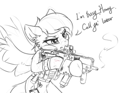 Size: 2400x1800 | Tagged: safe, artist:ravistdash, imported from derpibooru, oc, oc only, oc:ravist, pegasus, pony, semi-anthro, armor, bipedal, blood, dialogue, ear fluff, earpiece, eotech, gun, kriss vector, monochrome, solo, talking, weapon, wings