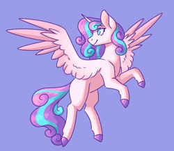 Size: 2300x2000 | Tagged: safe, artist:flaming-trash-can, imported from derpibooru, princess flurry heart, alicorn, pony, blank flank, female, flying, hooves, looking back, mare, older, older flurry heart, simple background, smiling, solo
