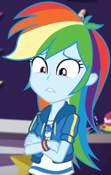 Size: 653x1035 | Tagged: safe, imported from derpibooru, screencap, rainbow dash, equestria girls, equestria girls series, holidays unwrapped, spoiler:eqg series (season 2), canterlot mall, clothes, cloud, cropped, crossed arms, cute, dashabetes, dashing through the mall, female, geode of super speed, hoodie, jacket, jewelry, looking down, magical geodes, merchandise, multicolored hair, necklace, pants, rainbow, rainbow hair, shirt, short sleeves, store, t-shirt, thunderbolt, wristband