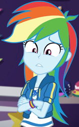Size: 652x1035 | Tagged: safe, imported from derpibooru, screencap, rainbow dash, equestria girls, equestria girls series, holidays unwrapped, spoiler:eqg series (season 2), canterlot mall, clothes, cloud, cropped, crossed arms, cute, dashabetes, dashing through the mall, female, geode of super speed, hoodie, jacket, jewelry, looking down, magical geodes, merchandise, multicolored hair, necklace, pants, rainbow, rainbow hair, shirt, short sleeves, store, t-shirt, thunderbolt, wristband