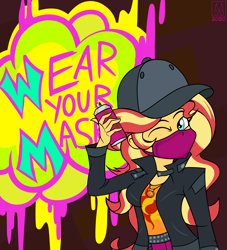 Size: 4547x5000 | Tagged: safe, artist:dncsamsonart, artist:malevolentsamson, imported from derpibooru, sunset shimmer, display of affection, equestria girls, equestria girls series, baseball cap, cap, coronavirus, covid-19, female, flanksy, geode of empathy, graffiti, hat, magical geodes, mask, mouthpiece, one eye closed, public service announcement, spray paint, wink, winking at you