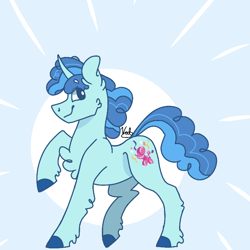 Size: 768x768 | Tagged: safe, artist:valkiria, derpibooru exclusive, imported from derpibooru, party favor, pony, unicorn, blue background, chest fluff, cute, favorbetes, horn, male, raised hoof, simple background, smiling, solo, stallion