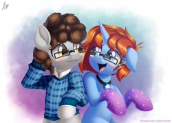 Size: 1280x914 | Tagged: safe, artist:pyropk, imported from derpibooru, oc, oc only, pony, unicorn, blush sticker, blushing, clothes, commission, ear piercing, earring, glasses, jewelry, looking at each other, pair, piercing, smiling, sweater