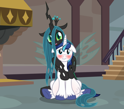 Size: 2546x2239 | Tagged: safe, artist:badumsquish, derpibooru exclusive, imported from derpibooru, queen chrysalis, shining armor, changeling, changeling queen, unicorn, blushing, cuddling, duo, fangs, female, fireplace, floppy ears, grin, happy, hug, implied oviposition, infidelity, infidelity armor, kicking, male, male pregnancy, ponies breeding changelings, pose, pregarmor, pregnant, shining armor's house, shining chrysalis, shipping, show accurate, sitting, smiling, spread wings, stairs, straight, unshorn fetlocks, wings