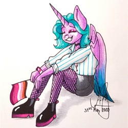 Size: 1080x1080 | Tagged: safe, artist:galaxy.in.mind, imported from derpibooru, oc, oc only, oc:angela, alicorn, anthro, alicorn oc, bracelet, choker, clothes, eyes closed, female, fishnets, flag, horn, jewelry, shoes, shorts, signature, sitting, traditional art, wings