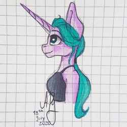 Size: 1080x1080 | Tagged: safe, artist:galaxy.in.mind, imported from derpibooru, oc, oc only, oc:angela, anthro, unicorn, bust, clothes, female, graph paper, horn, looking up, signature, smiling, traditional art, unicorn oc